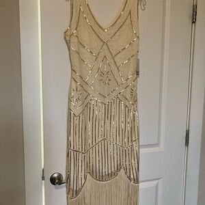 Unique Vintage Cream Sequin Fringe Midi Dress